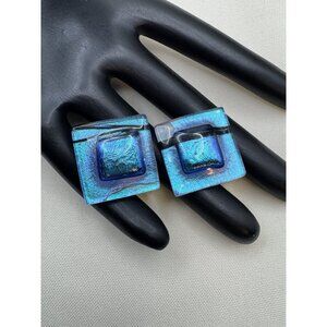 Handmade Dichroic Art Glass Stud Earrings 1" Blue Iridescent Artisan Jewelry